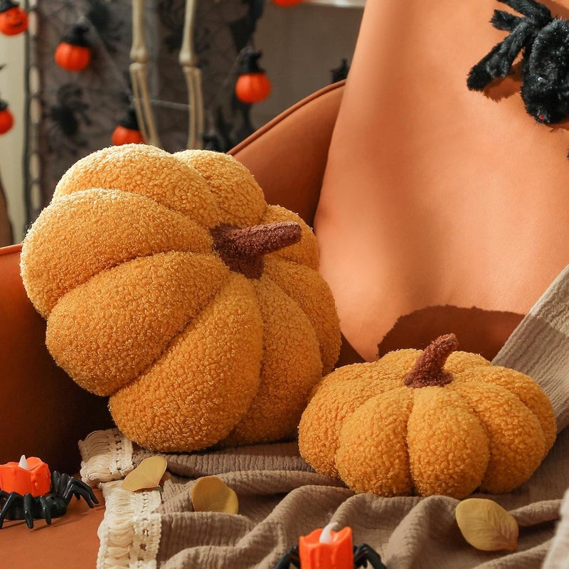 YRXRUS Pumpkin Pillows, Thanksgiving Pumpkin Pillow Set of 2, Yellow Throw Pillows Fall Room Decoration, Teddy Fleece 6x12&4x7 Inches Accent Cushion Gifts for Holiday - Image 1